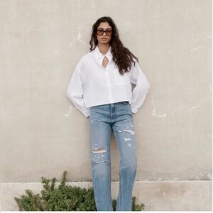 Zara Women’s Cropped Button Down Long Sleeve White Linen Shirt Size Medium